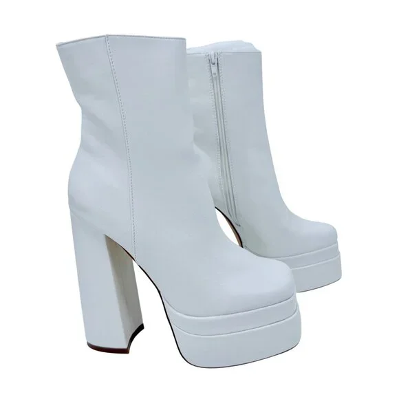 NIB White Platform Chunky Heel & Side Zip Edgy Retro Vegan Platform Boots - Picture 5 of 16